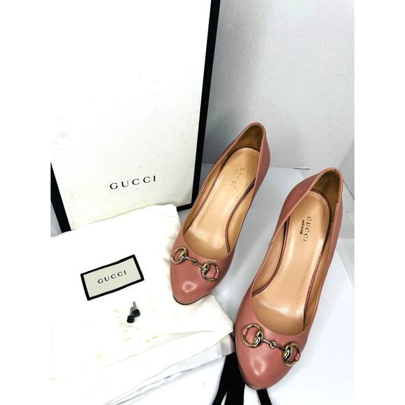 Gucci Malaga Kid Leather Horsebit Pumps Carmine Rose Pink Heels Size EU 37.5 - Picture 12 of 13